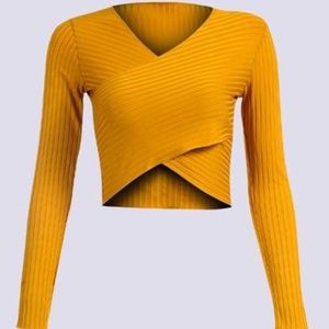Mustard V-Neck Bandage Wrap Crop Top